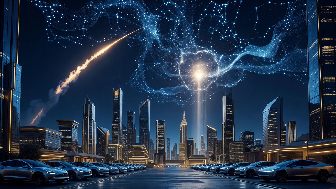 Tesla SpaceX and xAI merger concept skyline