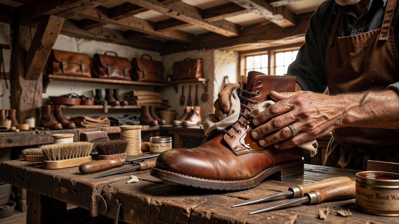 Craftsman applying Blackwood & Hawthorne boot polish to leather boot in traditional workshop